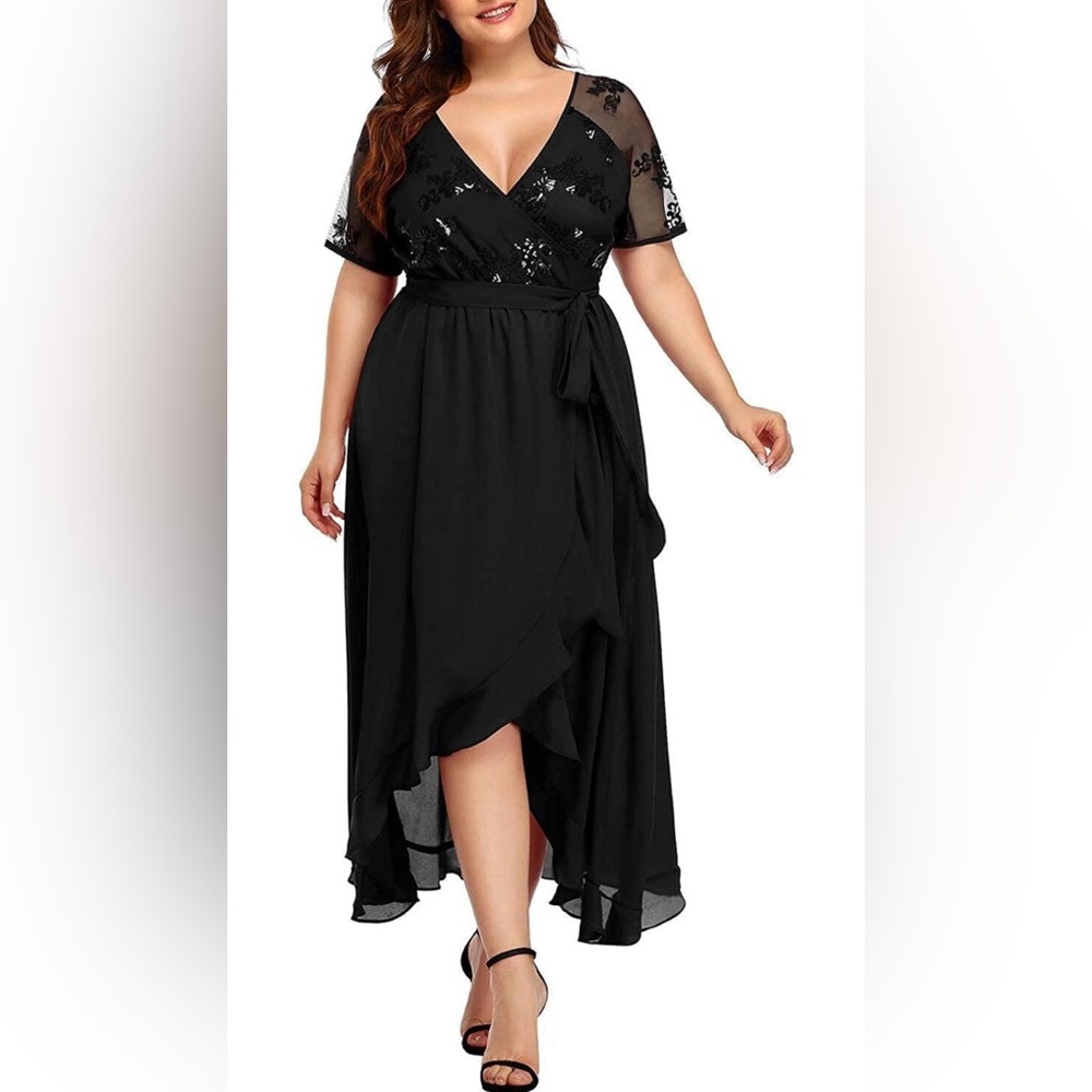Pinup Fashion Plus Size Maxi Dresses Slit High Low Sequin Mesh Wrap Dress, 24W